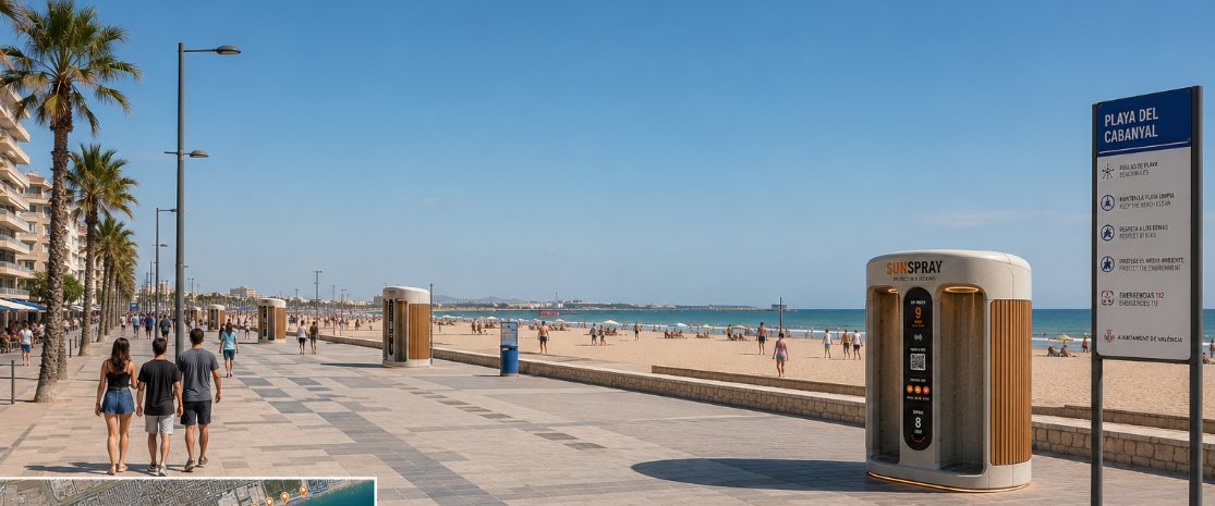 A seaside boulevard with a freestanding GetMisty sunscreen cabin