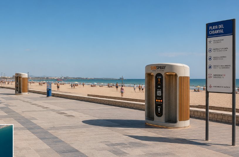 A GetMisty cabin beside a public beach sign on the boulevard